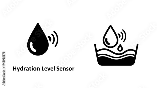 Smart hydration level sensor icons with water drop and signal waves for monitoring moisture and liquid volume