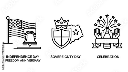 National celebration and freedom icons independence day flag liberty bell sovereignty shield and party champagne