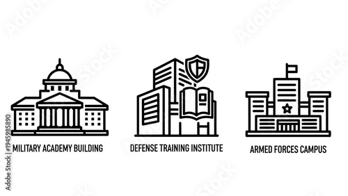 Military education building icons including academy, training institute, and campus symbols