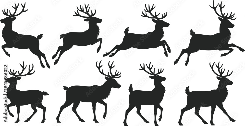 Obraz premium Deer silhouettes collection showing running and standing stag poses isolated on white background, wild forest animal vector illustration set