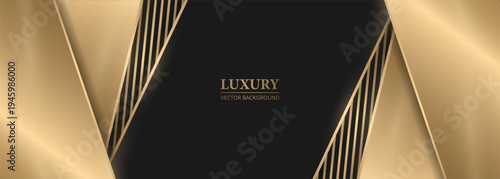 Abstract background luxury gold and black, triangular metallic panels with diagonal lines, glossy gradient texture, subtle shimmer and shadow creating depth, premium elegant atmosphere for banner