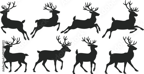 Deer silhouettes collection showing running and standing stag poses isolated on white background, wild forest animal vector illustration set