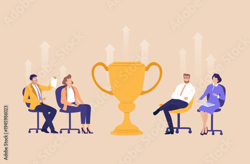 Business people with golden trophy. Business people celebrate success and achievements together, symbolizing growth, teamwork, and positive results of shared effort.
