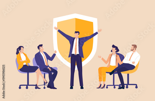 Business people with golden shield. Business  people celebrate success and achievements together, symbolising growth, teamwork, and positive results of shared effort.