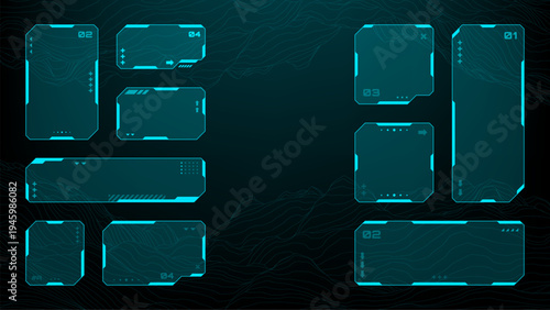 Blue hud vector graphics with digital information boxes. Futuristic user interface frame for data display. Cyberpunk technology element for display screen and science fiction design.
