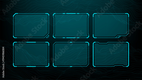 Set of blue hud graphic frames for interface design. Digital display borders with futuristic tech aesthetic and abstract line background. Essential UI elements for science fiction game.