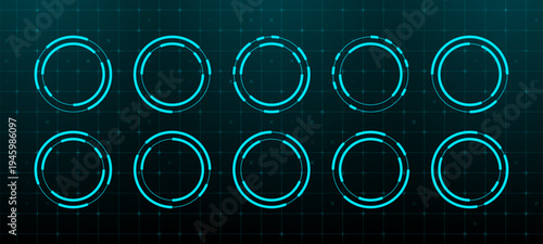 Set of blue ring hud elements on dark grid background. Futuristic digital interface circular frame icons. Innovative technology design for game or software data visualization interface.