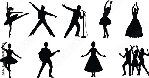 People dancing and performing silhouettes collection isolated on white background, ballet dancer, singer with microphone, guitarist, party dancers vector set for music and entertainment design