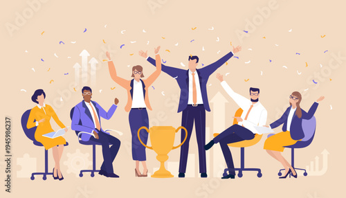 Business people with golden trophy. Business people celebrate success and achievements together, symbolizing growth, teamwork, and positive results of shared effort.