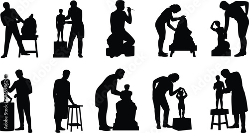 Sculptor and sculpture silhouettes collection showing artist carving statue and modeling clay figures isolated on white background, creative art workshop vector set