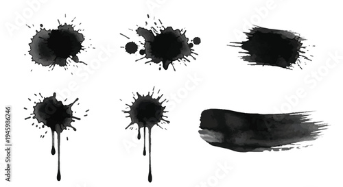 Abstract black ink splatters with varied shapes and sizes on plain background isolated on transparent background