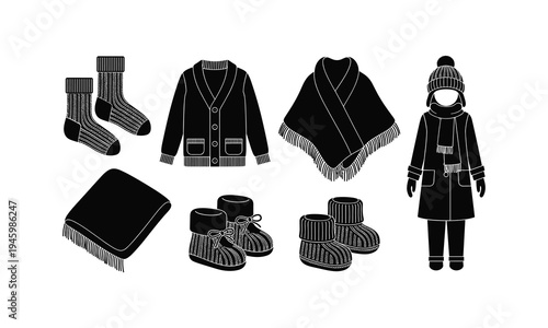 Winter clothing and accessories set for cold weather outfits