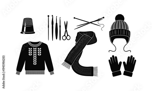 Assorted knitting and crochet tools with winter accessories