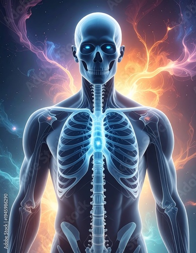 Human skeleton with glowing elements showing internal anatomy in a colorful background