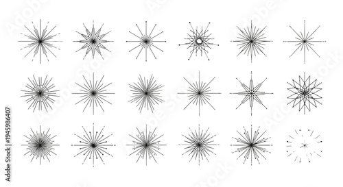 Collection of abstract geometric patterns featuring interconnected lines radiating from central points isolated on transparent background
