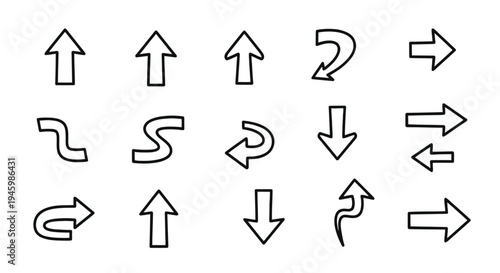 Collection of black and white directional and curved arrow icons isolated on transparent background