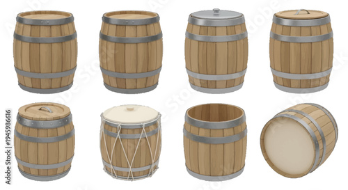 Collection of vintage wooden barrels in various sizes and styles displayed in a row isolated on transparent background