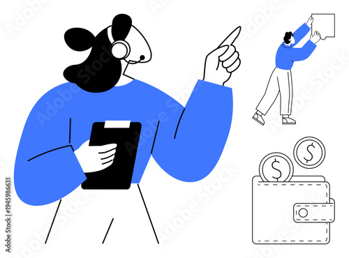 Financial management. Depiction of a professional woman with a clipboard, wallet with coins, and individual placing a block. Financial planning for strategies, wealth, and operations. For business