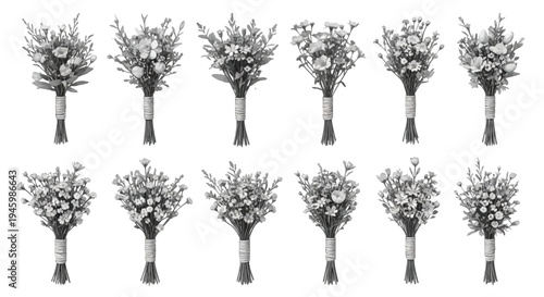 Collection of wine glasses filled with green leaves and vines arranged in a grid pattern isolated on transparent background