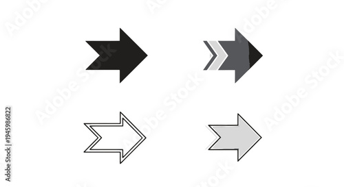 Four different styles of right-pointing arrow icons in black and gray isolated on transparent background