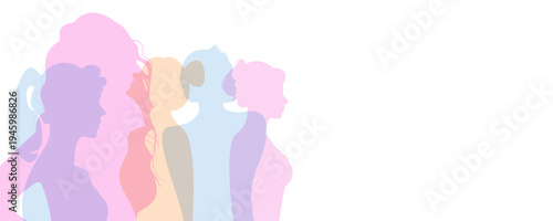 Female figures in silhouette in various colors. Banner template for a flyer, website, or postcard.
