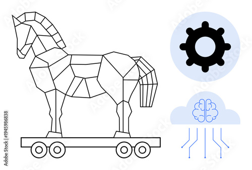 Cybersecurity concept. Cybersecurity with a Trojan horse, cloud computing symbol, and technical gear icon. Cybersecurity protecting data and digital systems. For tech, IT, data protection, education