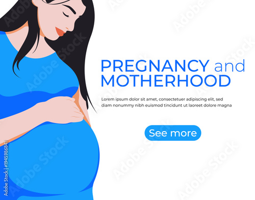 Pregnancy complications. A pregnant woman caresses her belly. Banner with pregnancy and information concept. Template.