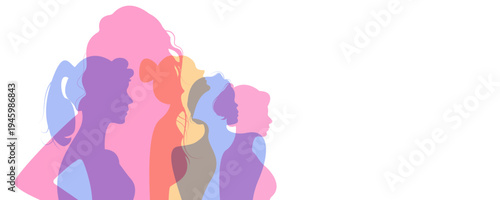 Banner with female silhouettes in various colors. Female figures in silhouette form in various colors. Banner template for a flyer, website, or postcard.