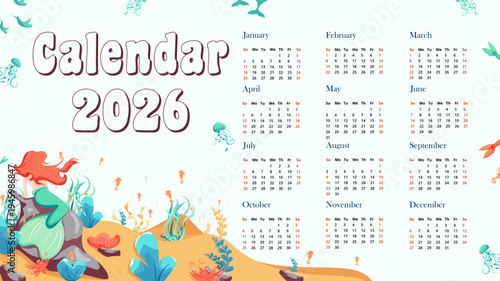 One page horizontal calendar template with a nautical theme and a mermaid. Screen saver, print, background, schedule, etc. No holiday designation