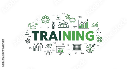 Illustrative graphic showing diverse icons inside a training oval badge isolated on transparent background