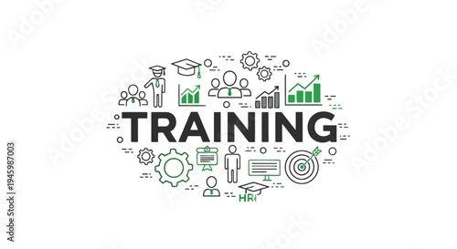 Illustrated graphic depicting various aspects of employee training programs isolated on transparent background