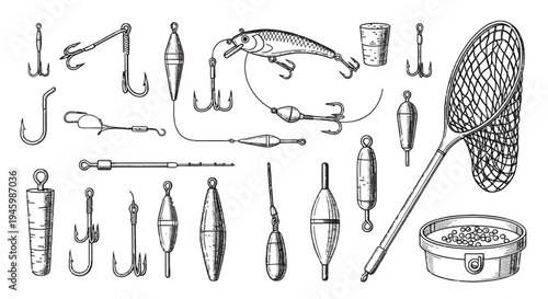 Historical illustration of various traditional musical instruments and tools isolated on transparent background