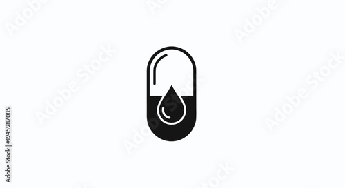 A black and white icon of a capsule with a drop of liquid.