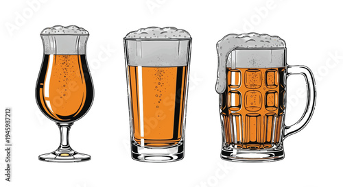Three different glasses filled with golden frothy beer against a plain background isolated on transparent background