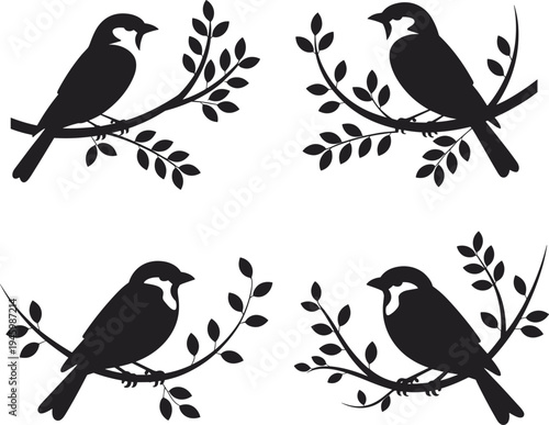 Perched bird silhouettes vector set, songbirds sitting on leafy branches collection, wildlife nature black bird shapes, flat vector illustration