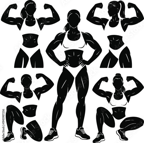 Female Bodybuilder Silhouettes Set, Athletic Woman Fitness Poses and Gym Icons