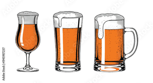 Three different types of beer glasses filled with frothy beer isolated on transparent background