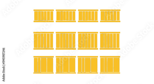 Three rows of yellow rectangular storage units with grid patterns isolated on transparent background