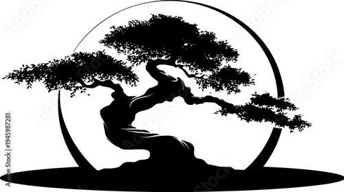 A stylized black and white illustration of a bonsai tree in a circular frame