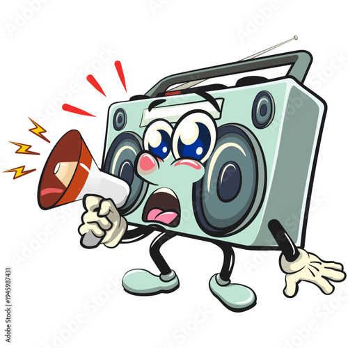 cute retro boombox radio mascot character out loud with a loudspeaker, isolated vector illustration, work of hand drawn