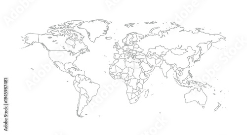 World map with country borders and outlines in black and white isolated on transparent background