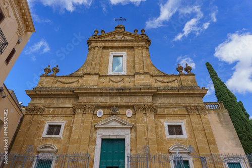 Neoclassical Facade of Basilica di Santa Maria Assunta and Bell Tower in the Historic Center of Alcamo, Sicily