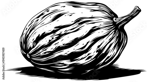 A high-contrast illustration of a ripe, stylized fruit with a stem and shadow