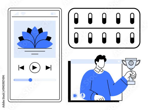 Music player with lotus graphic, capsules symbolizing digital applications, and a person holding an award trophy in an online video. Ideal for technology, creativity, music streaming, healthcare
