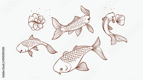 Stylized illustration featuring koi fish, a lotus flower, and abstract elements on a white background