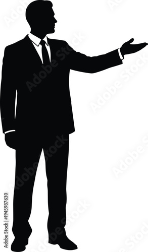 Black silhouette of a man in a suit and tie gesturing with open hand businessman