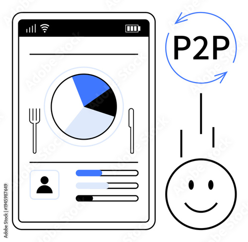 Peer-to-peer concept. Peer-to-peer financial transfers supported by intuitive mobile apps and data visualization. P2P systems for finance, food ordering, and analytics integration. Digital