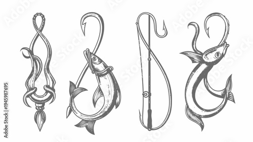 Four grayscale illustrations featuring ornate designs, fish, hooks, and a fishing rod element