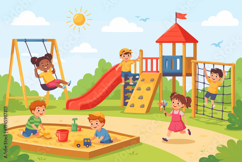 Happy Children Playing on a Colorful Outdoor Playground with a Slide, Swing, Sandbox, and Climbing Frame under a Bright Sunny Sky, Kids Enjoying Summer Activities in a Park Vector Illustration