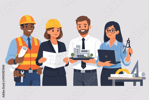 Diverse team of professional engineers, architects, and construction workers collaborating on a building project, holding blueprints, 3D model, and laptop, flat vector illustration on gray.